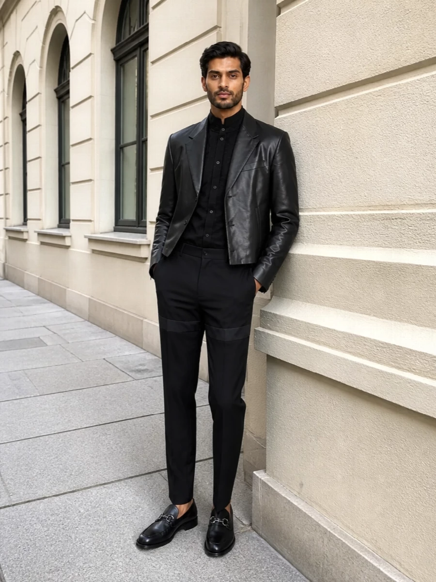 Ferragamo leather blazer black dress trousers outfit