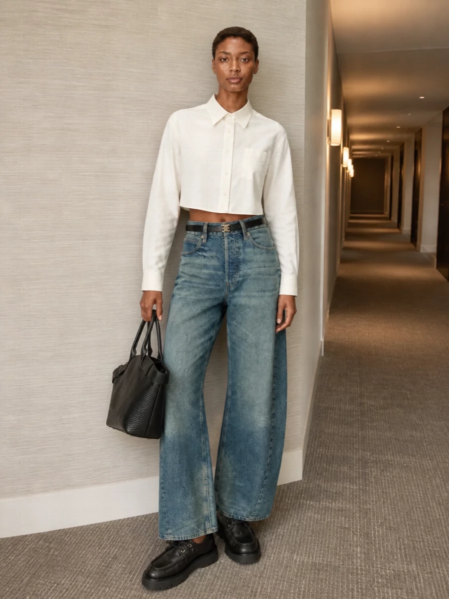 Alexander wang wide leg jeans cropped shirt outfit