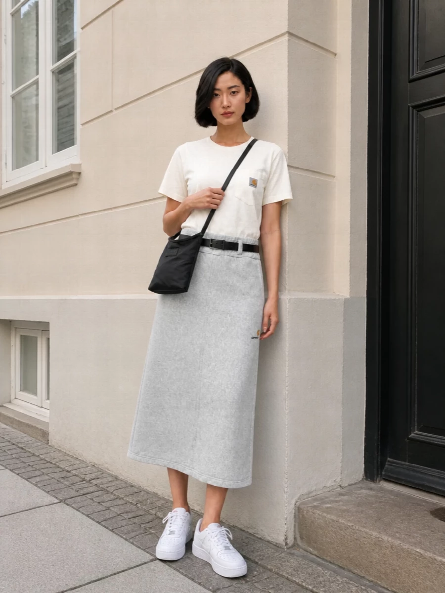 Heather grey workwear meets clean street in a soft Carhartt midi skirt grounded with an off white pocket tee. White Nike sneakers keep everything fresh and practical, while a black MM6 cross-body and slim Marant belt add just enough definition without tipping it into dressy. It is an easy, city-ready uniform built around neutrals and relaxed utility lines.