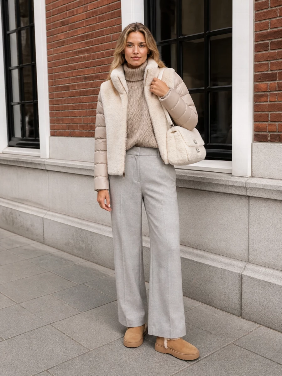 I’m keeping this as a knit-and-trouser composition rather than a dress, so the puffer remains the hero and the proportions feel modern and easy for day. The biscuit Herno turtleneck and light grey wide-leg trousers create a soft vertical line under the cocooning jacket, while Tod’s shearling boots and the ivory Zanellato bag quietly pick up the jacket’s texture for a cohesive winter-neutral finish. The result is a calm, city-ready outfit that reads indulgently warm without ever tipping into aprè​s-ski costume.
