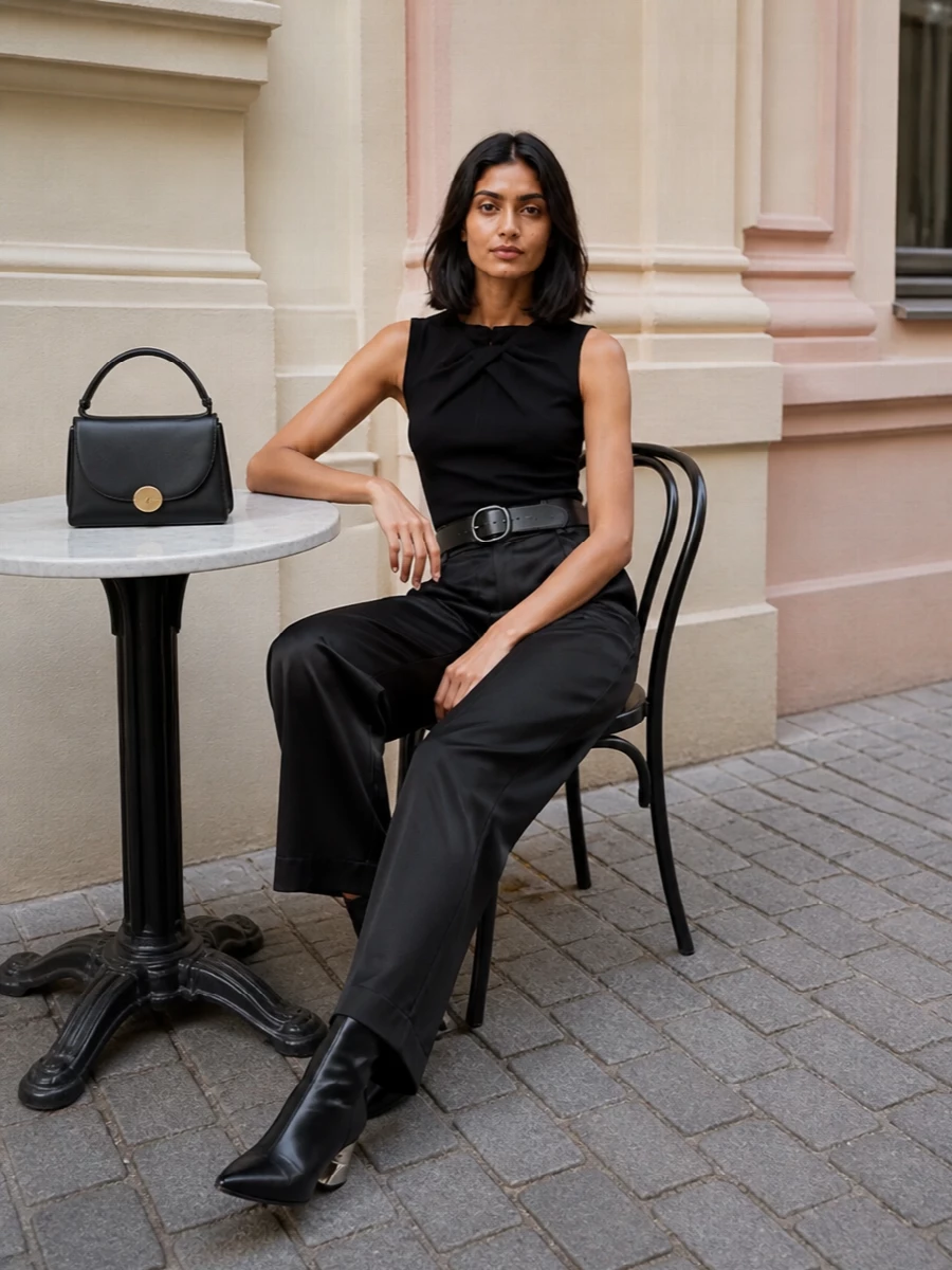 A pure black column of satin and sculpted jersey creates a precise, after‑dark take on tailoring. The high waist and knotted neckline focus the eye upward, while the sock boots and structured top‑handle keep the line long and controlled. A wide, architectural belt is optional, but turns the waist into a quiet focal point when you want more definition.