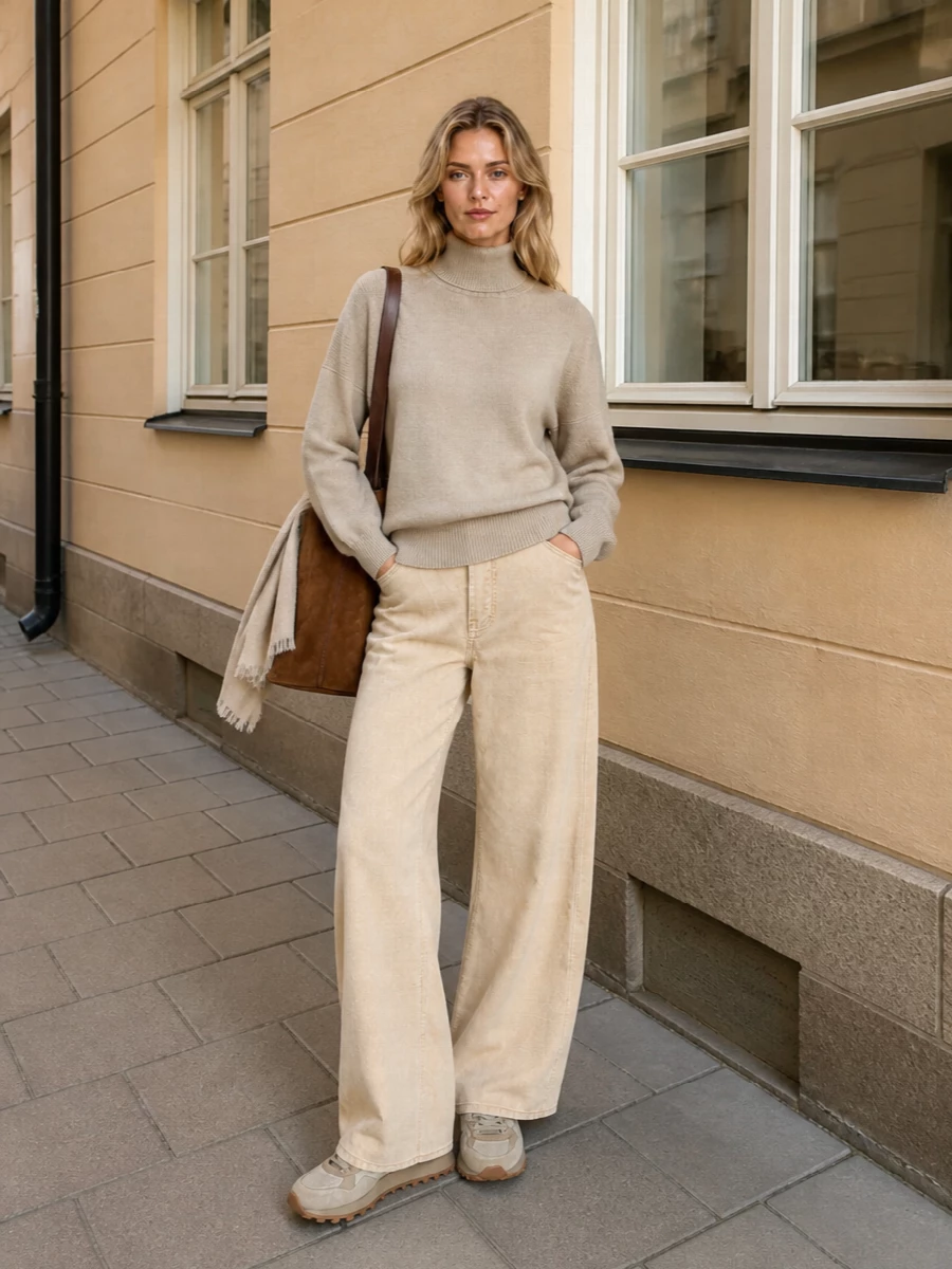 A study in warm neutrals, this pairing lets the relaxed beige turtleneck flow into softly structured light-beige wide-leg trousers for an easy, quietly polished line. Tonal suede runners keep it grounded yet soft, while the camel tote and sand scarf introduce just enough texture for interest without breaking the calm. Ideal for travel days or understated office dressing where comfort and restraint matter equally.