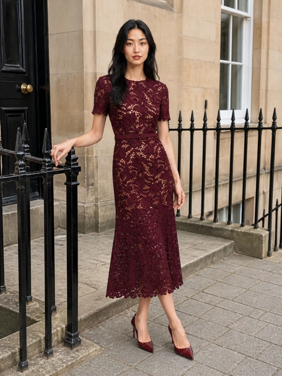 Self portrait burgundy lace midi dress garnet pumps