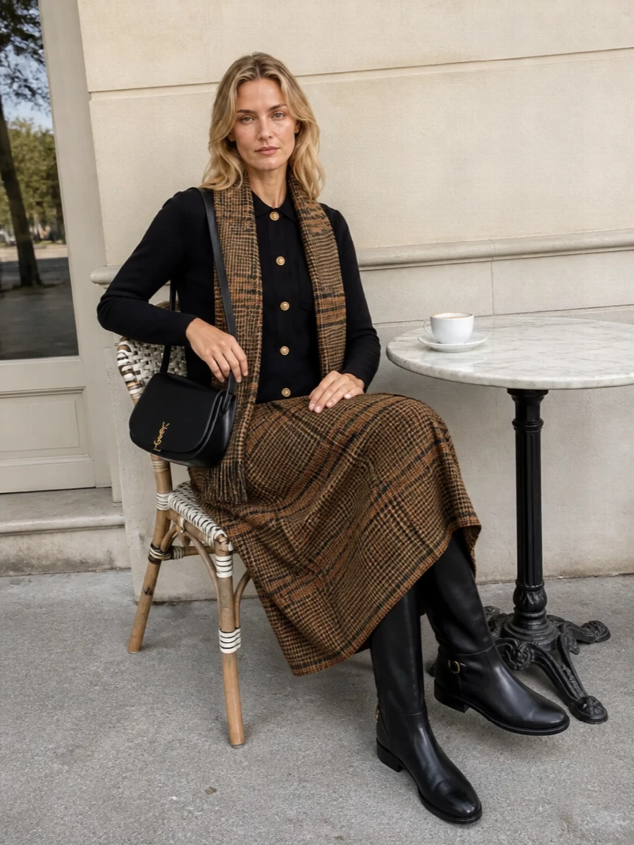 Saint laurent cardigan checked midi skirt outfit