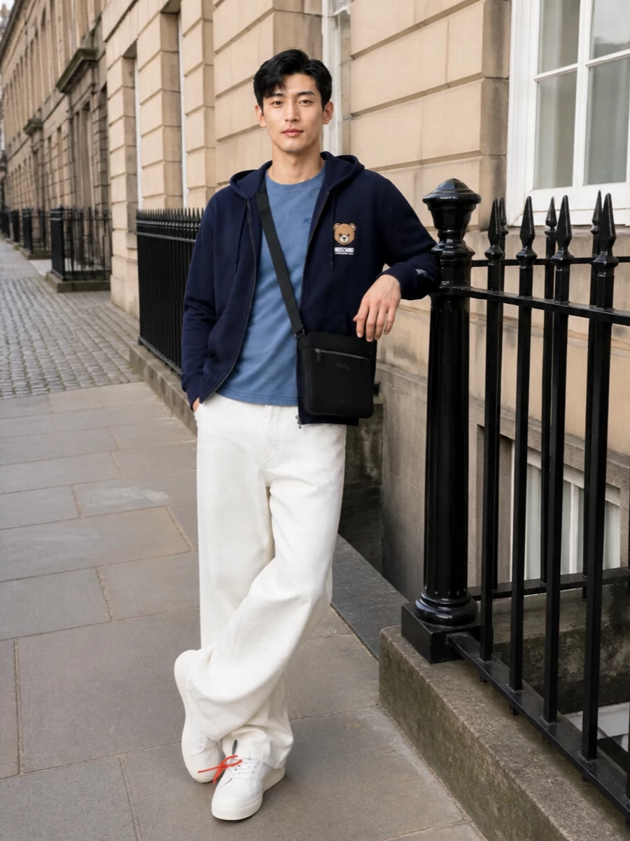 Moschino hoodie wide leg jeans sneakers outfit