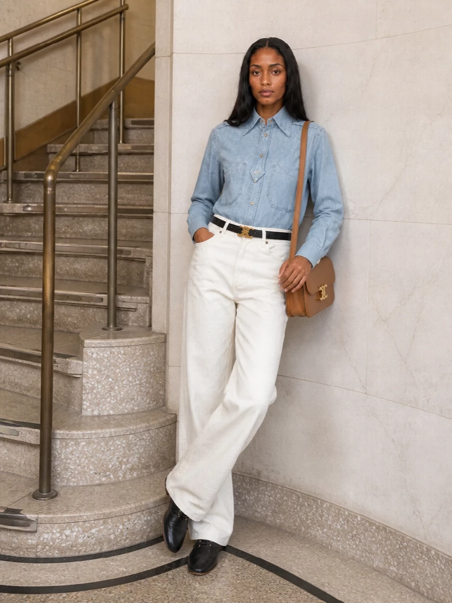 Celine denim shirt ivory wide leg jeans outfit
