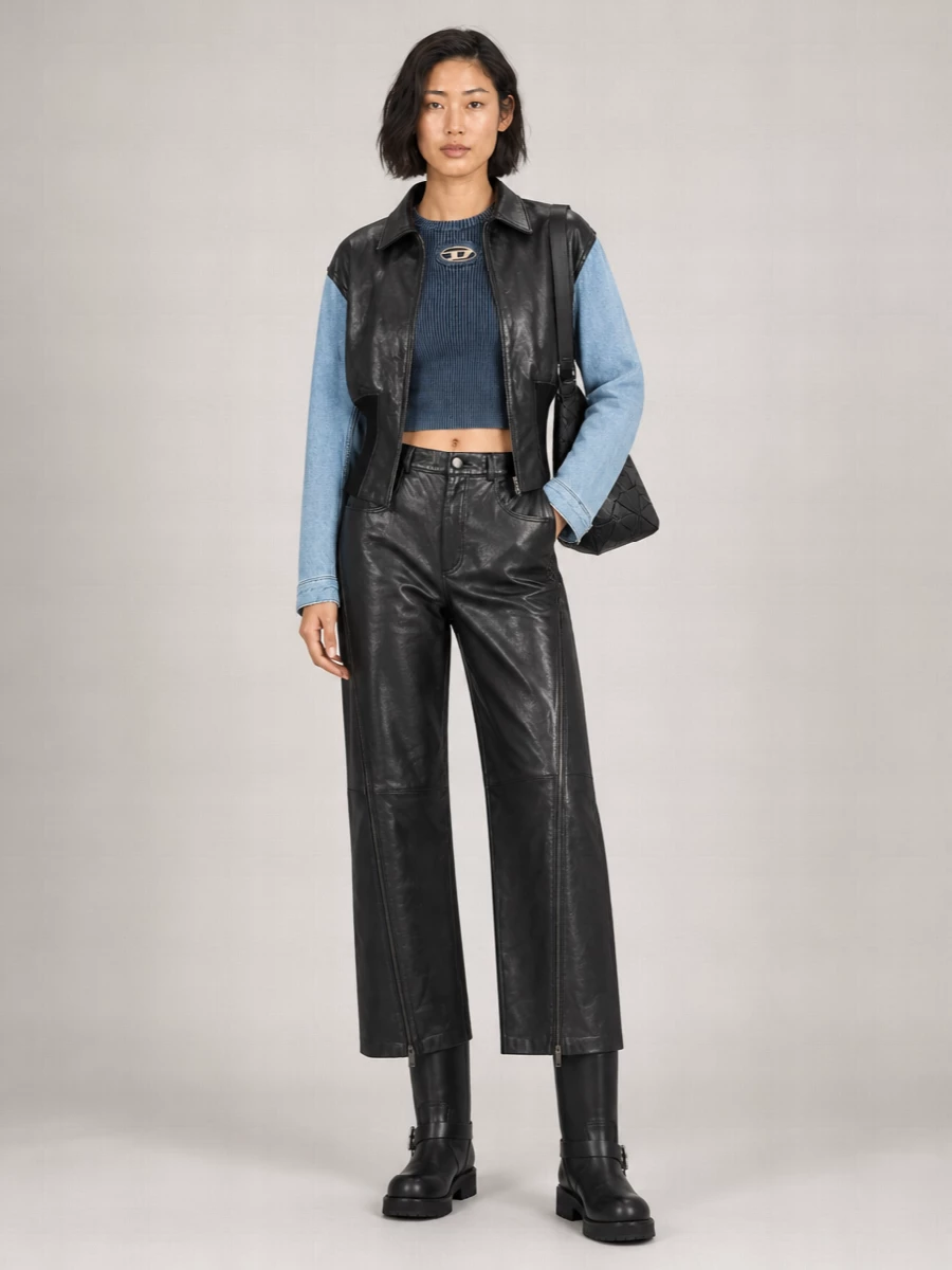 Haikure Leather And Denim Ribbed Trim Single Breasted Jacket