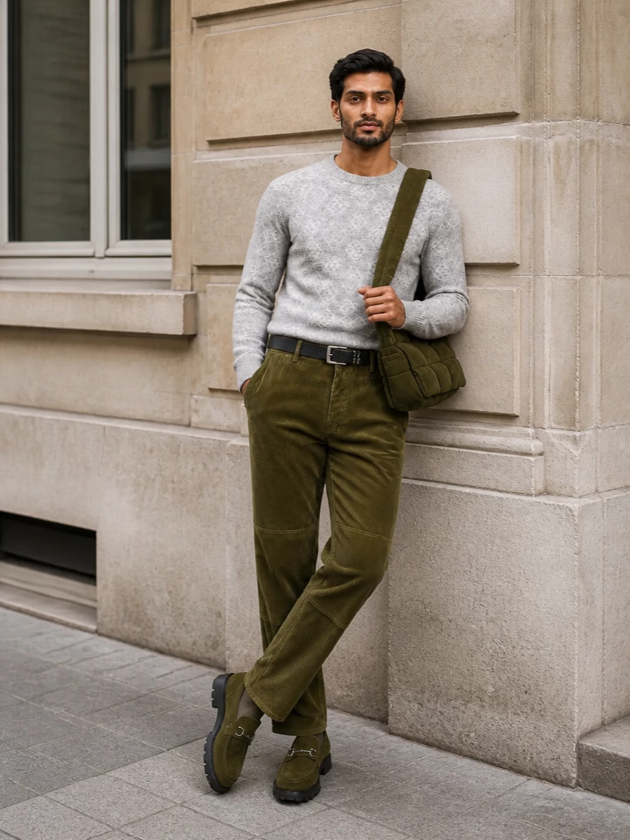 Olive corduroy trousers are elevated with a subtly patterned Brunello Cucinelli grey knit, creating a quiet-luxury FW palette that feels rich but understated. Gucci’s olive lug-sole loafers continue the green story in a smarter register, while a deep-olive padded Bottega shoulder bag and a slim Saint Laurent belt finish the look with refined, textural depth ideal for city weekends and relaxed dinners.