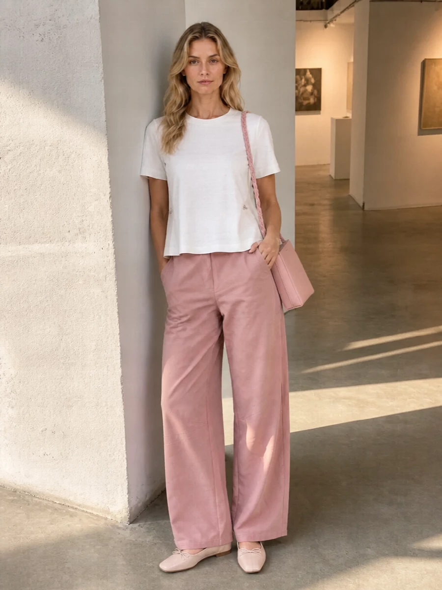 Dusty-rose wide-leg trousers are grounded here with a crisp white tee that keeps the mood fresh and clean. Rose nude ballet flats and a sculptural soft-pink shoulder bag stay within the same gentle spectrum, giving the outfit a calm, tonal finish. A blush wrap adds a quiet, romantic layer that still feels minimal and warm-weather appropriate.