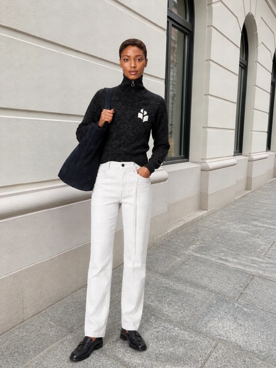 An inky suede tote anchors a quietly precise mix of charcoal and chalky white, giving you a clean, graphic base for city days. The slim zip-neck knit and straight-leg jean keep the silhouette long and unfussy, while black loafers add just enough structure to feel intentional without reading formal. This path over a dress feels truer to the bag’s weekday-into-weekend brief and lets the textures and tones do the talking in a subtle way.