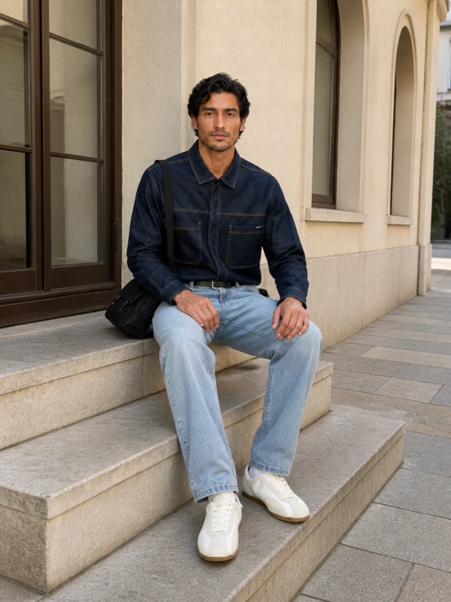 Stussy denim shirt light wash jeans trainers