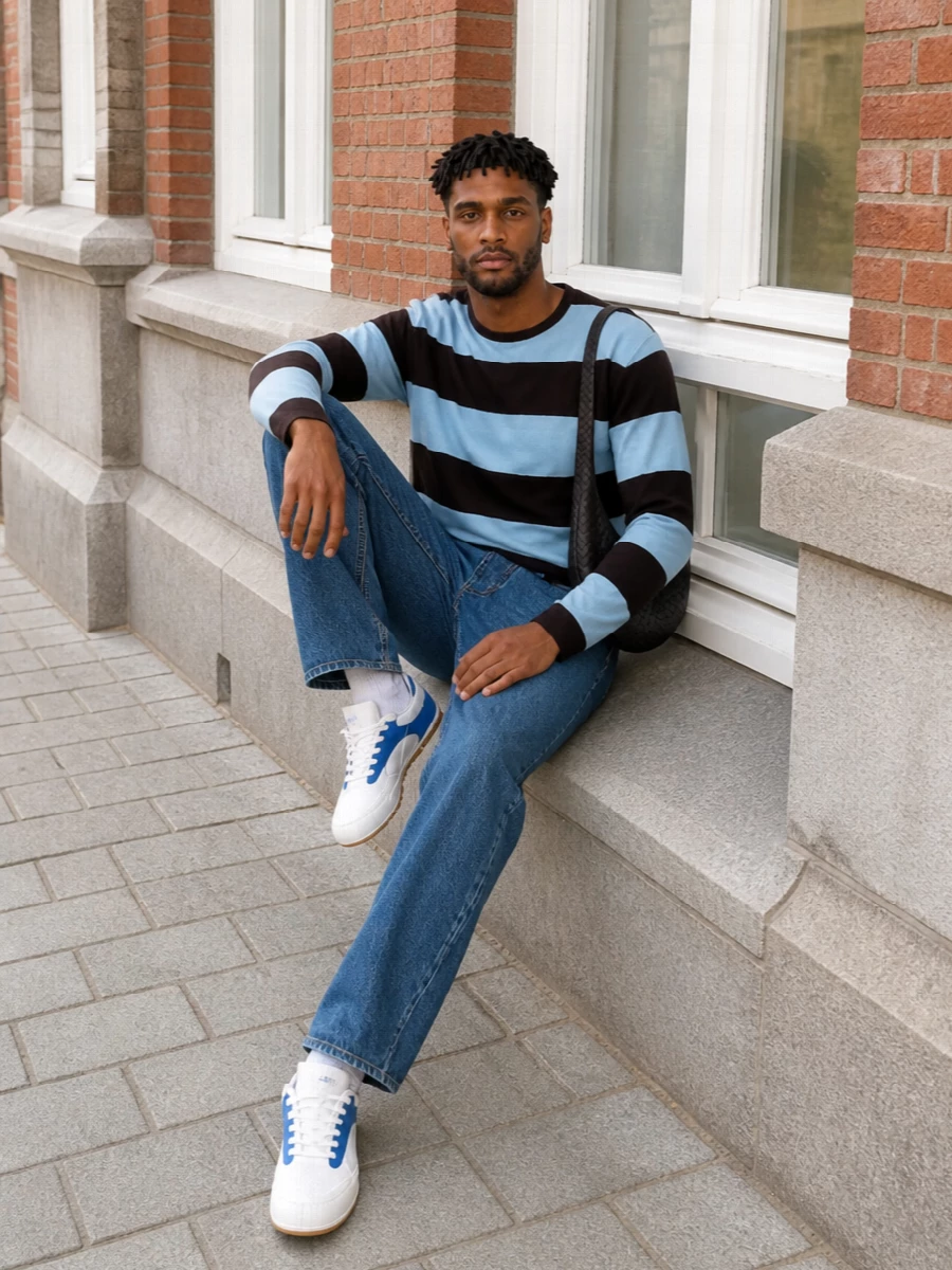 Bottega veneta striped sweater blue jeans outfit