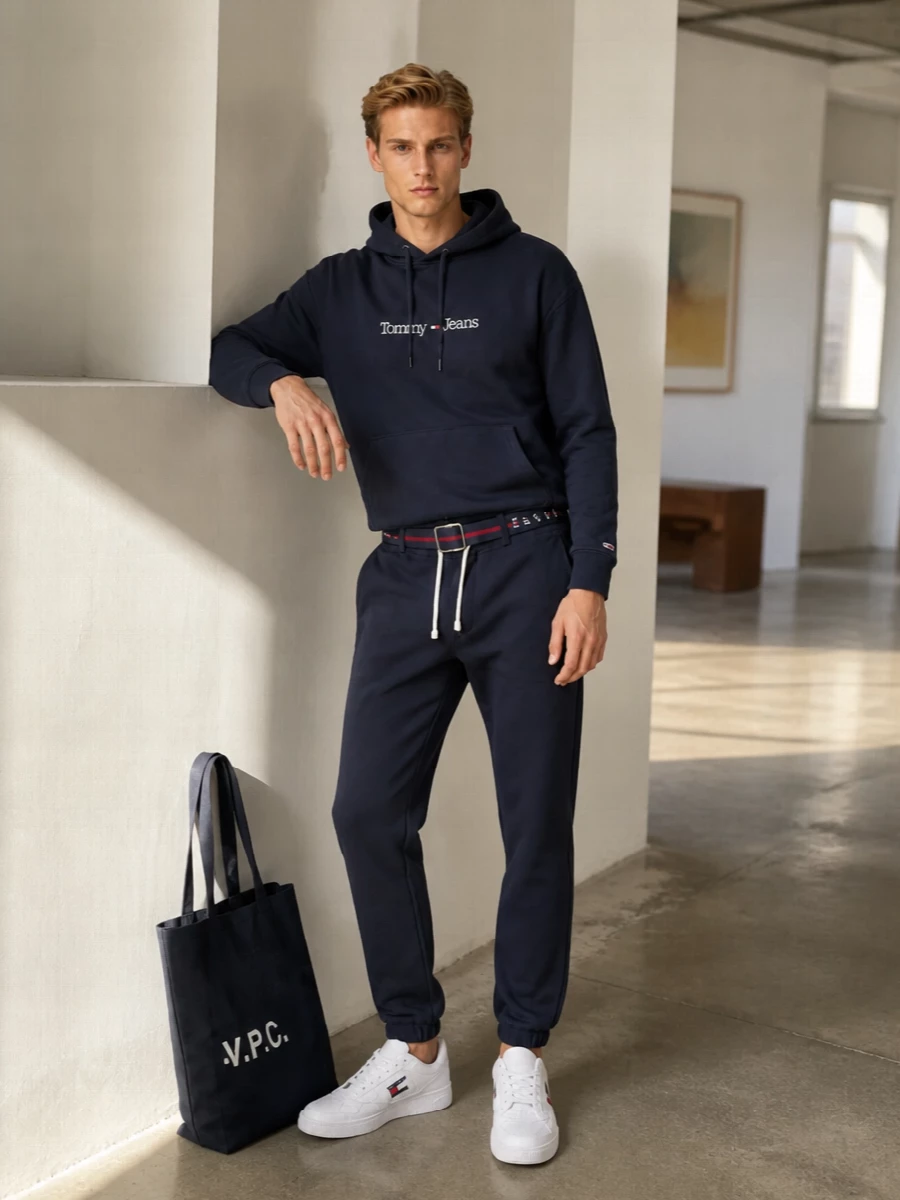 Tommy jeans navy hoodie joggers white sneakers