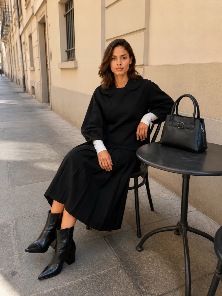 Comme des garcons black cape jacket pleated midi dress