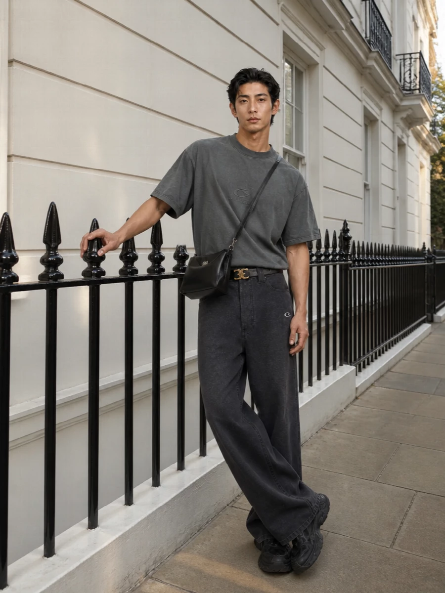 Balenciaga wide leg pants grey tee sneakers