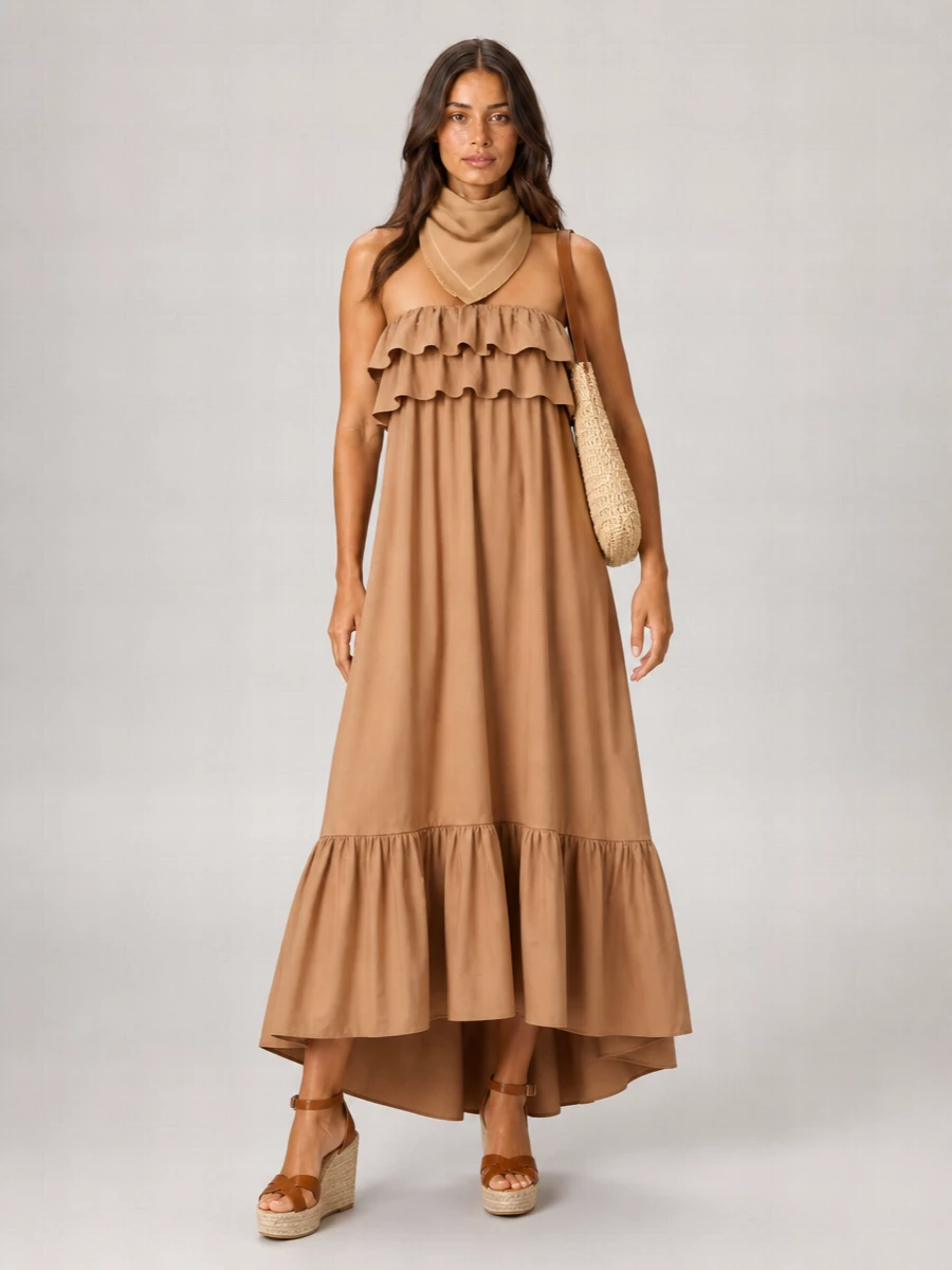 Saint Laurent Cotton Off-Shoulder Sleeveless Ruffled Maxi Dress