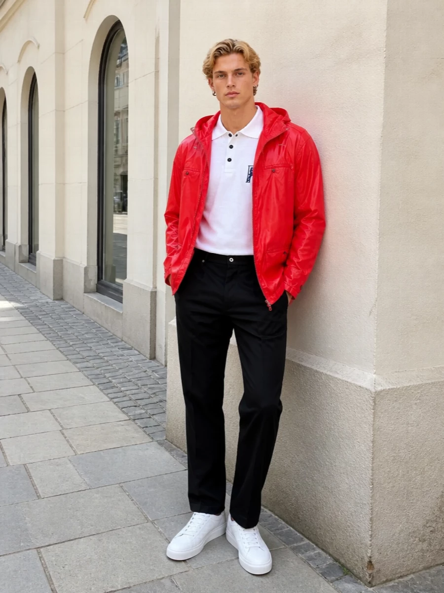 Ferragamo red rain jacket polo black trousers