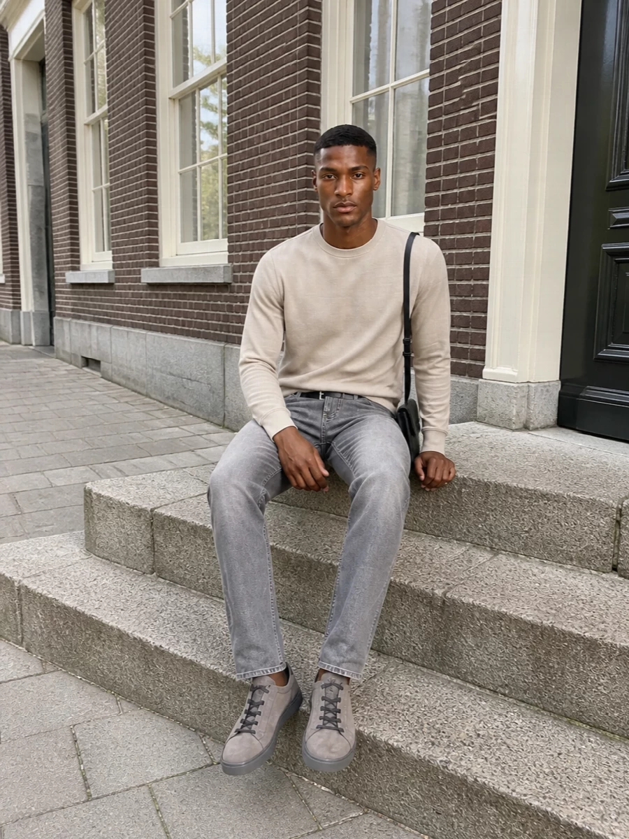 Boss grey jeans beige sweater tods sneakers