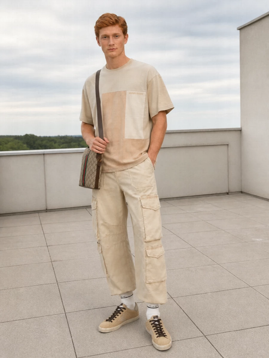 Golden goose cargo pants neutral tee gucci bag