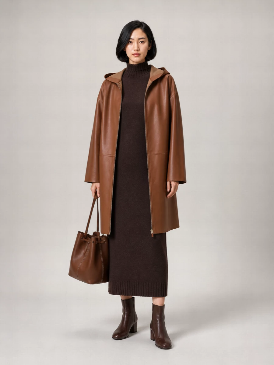 Max Mara Lamb Leather Hooded Oversized Coat