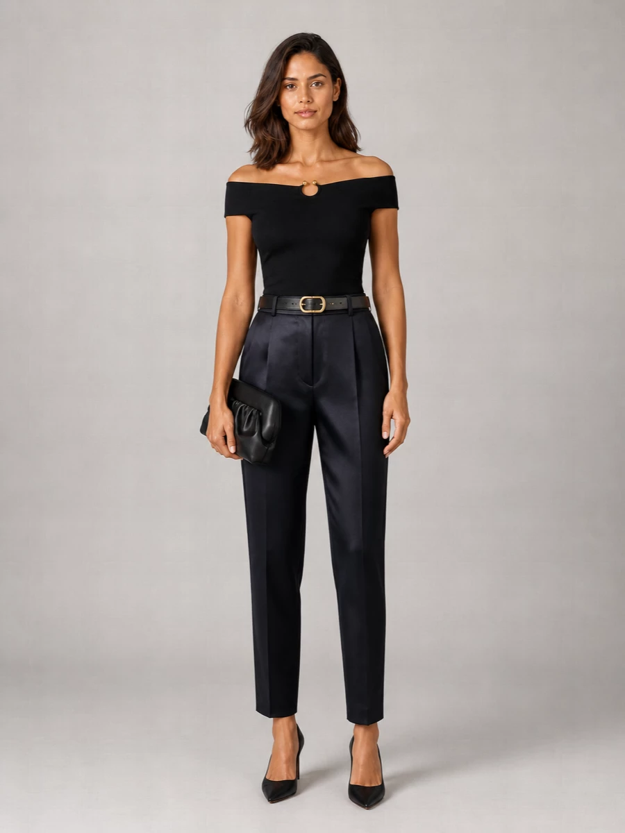 Midnight tailoring stays sharp yet feminine here, with the sculpted off‑shoulder top framing the high‑waist trouser in one long, clean line. A pointed black pump and pleated clutch keep everything deliberately pared back, while the slim belt echoes the gold detail and quietly carves out the waist for evening dinners and formal city nights.