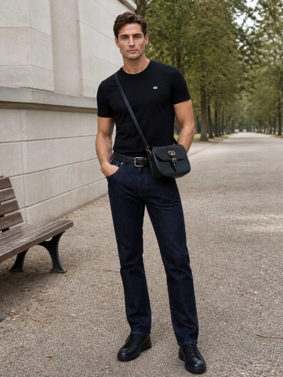 A black Valentino tee meets dark indigo straight-leg denim for a quietly precise off duty uniform. All black sneakers and a slim belt keep the lines clean, while the structured crossbody introduces just enough hardware to read intentional without noise. The result is relaxed, city ready and fully aligned with a discreet luxury mindset.
