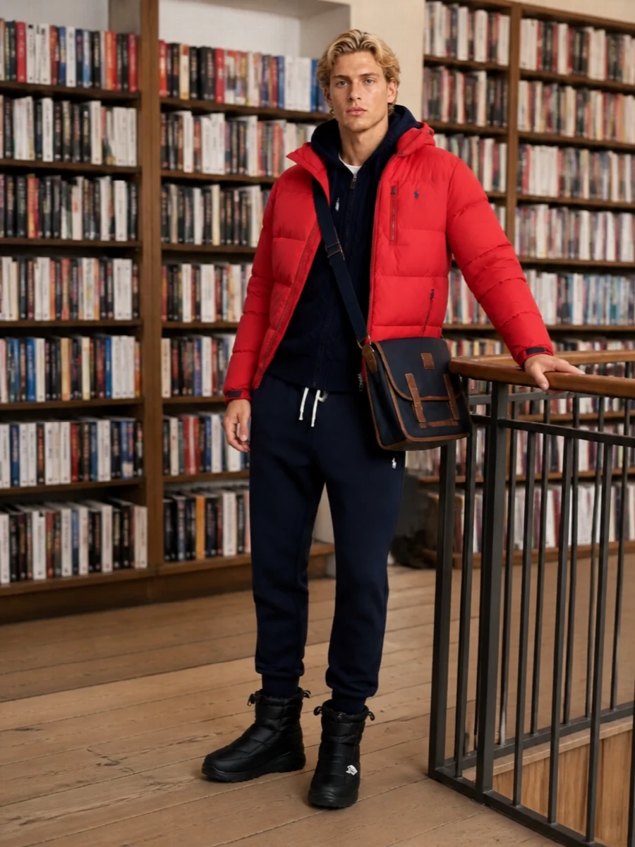 Polo ralph lauren red puffer navy joggers outfit