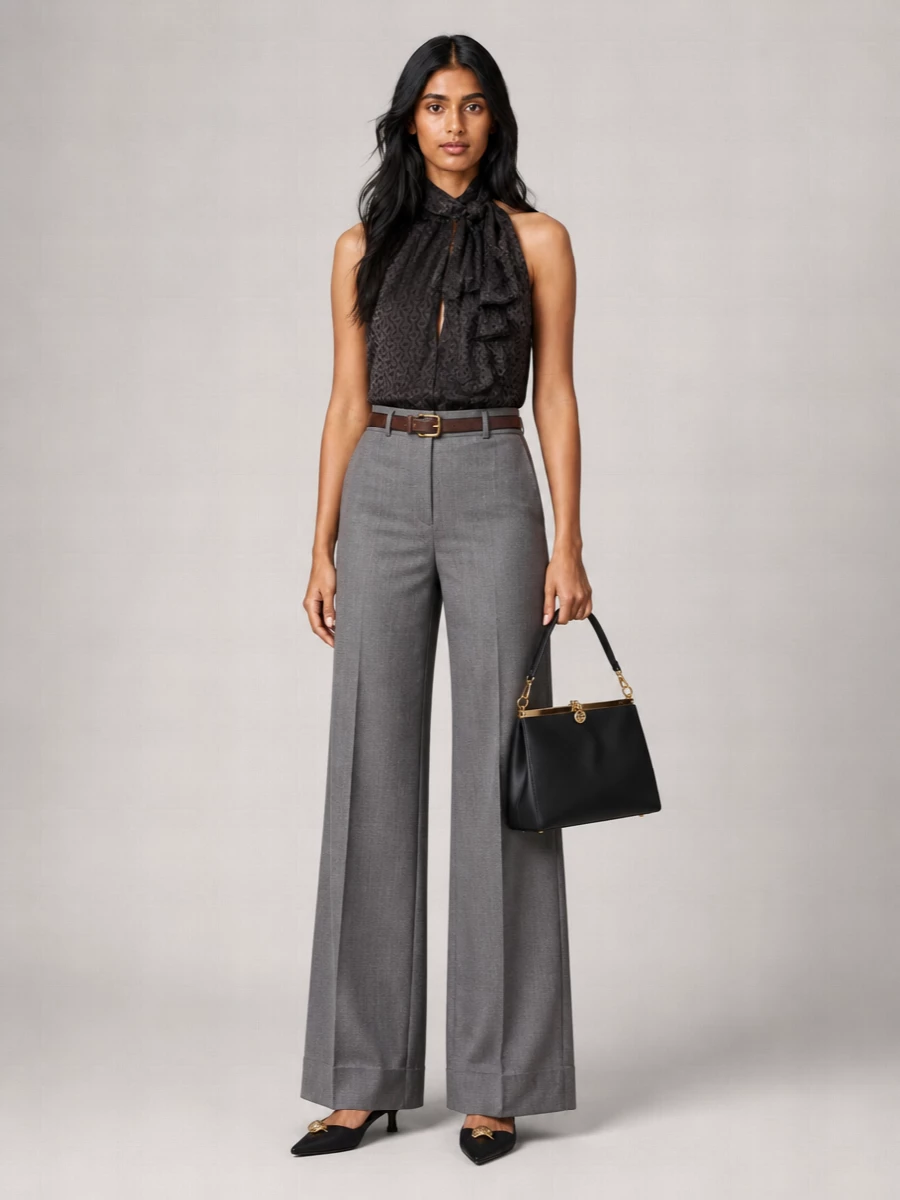 Deep espresso silk meets precision grey tailoring for a column that feels considered and quietly powerful. The long halter tie and wide leg create fluid movement, grounded by sharp black accessories and a subtle kitten heel. It is an understated cocktail ensemble that reads modern and rich without a single loud note.