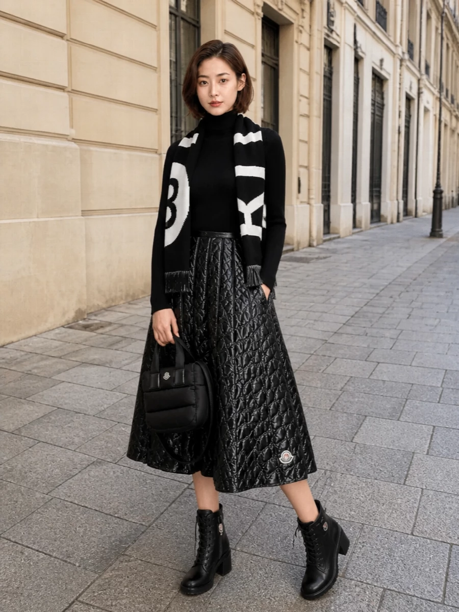 Moncler quilted midi skirt combat boots outfit