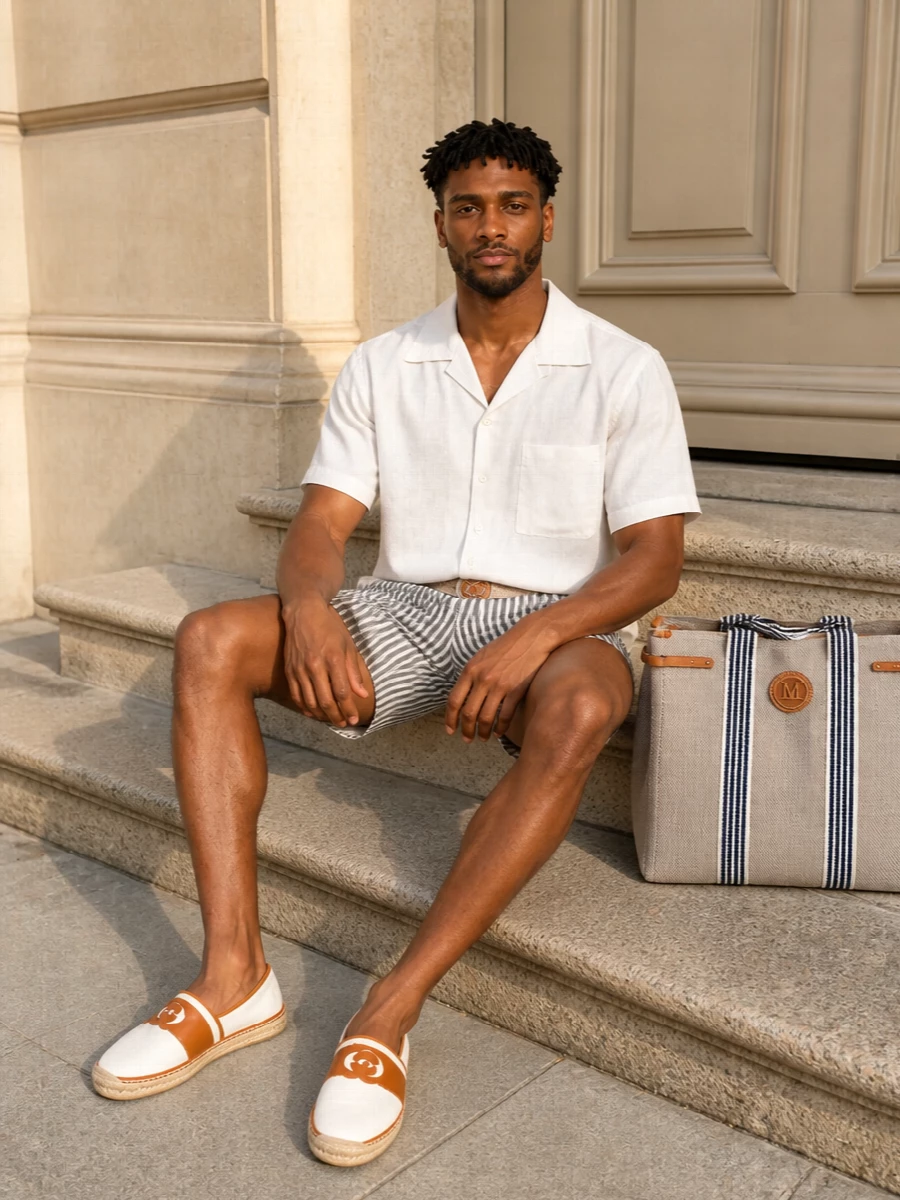 Mens striped deck shorts camp collar shirt outfit