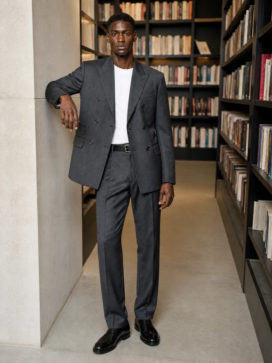 Ami grey double breasted blazer charcoal trousers