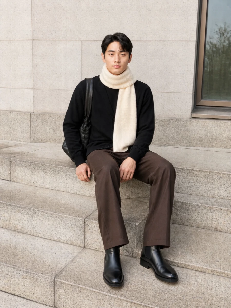 Lemaire black cardigan brown trousers outfit