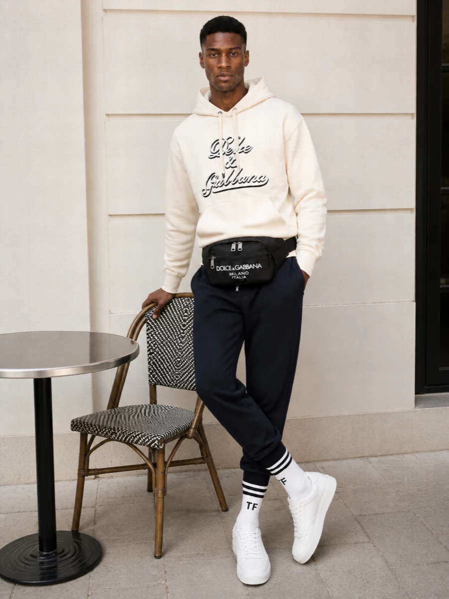 Dolce gabbana navy joggers cream hoodie outfit