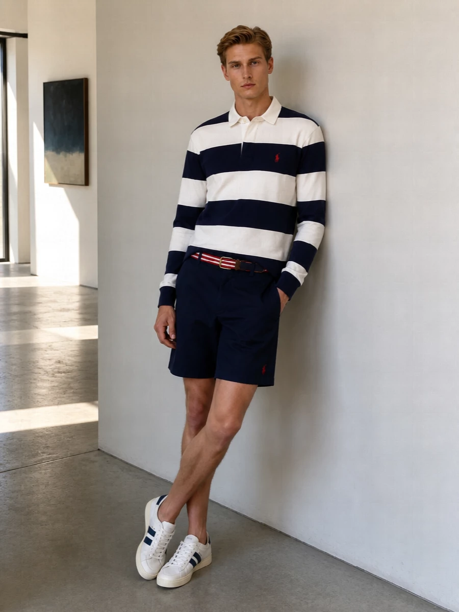 A classic rugby, navy deck shorts and clean striped sneakers lean fully into East Coast campus prep, but with a relaxed, modern ease. The nautical-toned tote and striped belt echo the rugby’s colors without shouting, keeping everything cohesive for city walks or coastal weekends. It is polished enough for a smart coffee stop, easy enough for a day by the water.