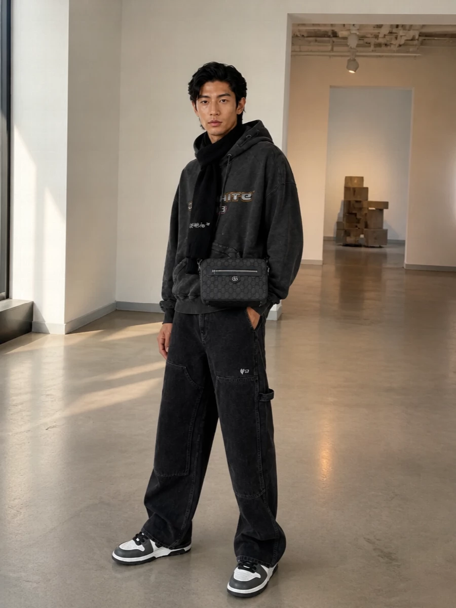 Off white hoodie wide leg cargo jeans sneakers