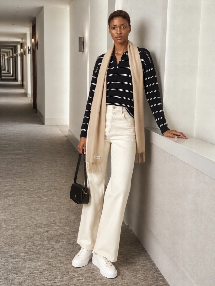 Ami paris striped polo wide leg cream jeans outfit