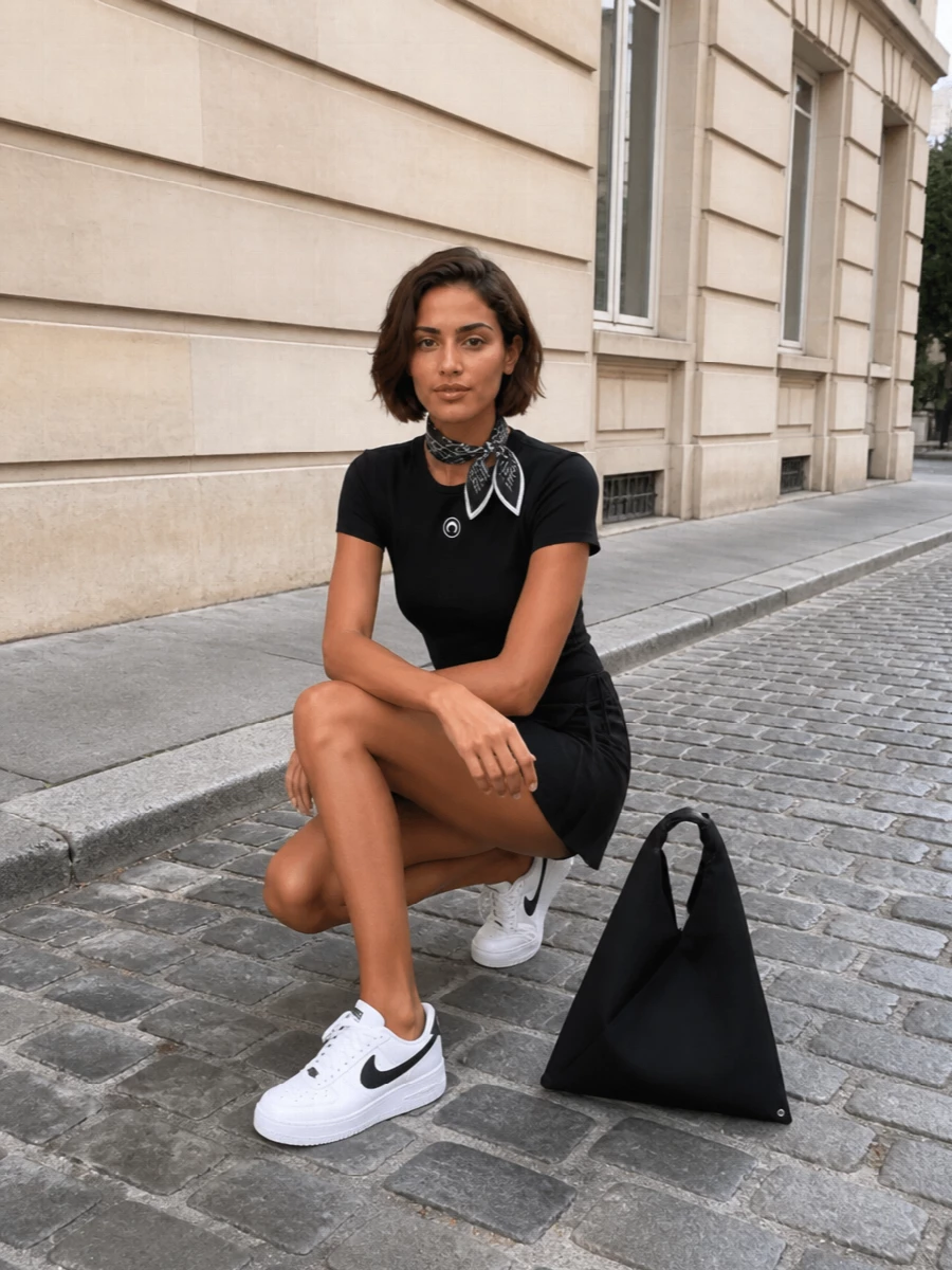 Marine Serre’s fitted tee stays front and center against the razor-clean Sportmax mini, for a tight monochrome base that feels modern and easy. White Nike sneakers with a black Swoosh keep the energy grounded and street-led, while the sculptural Mm6 tote and a graphic silk scarf introduce just enough texture and attitude without breaking the black-and-white story.