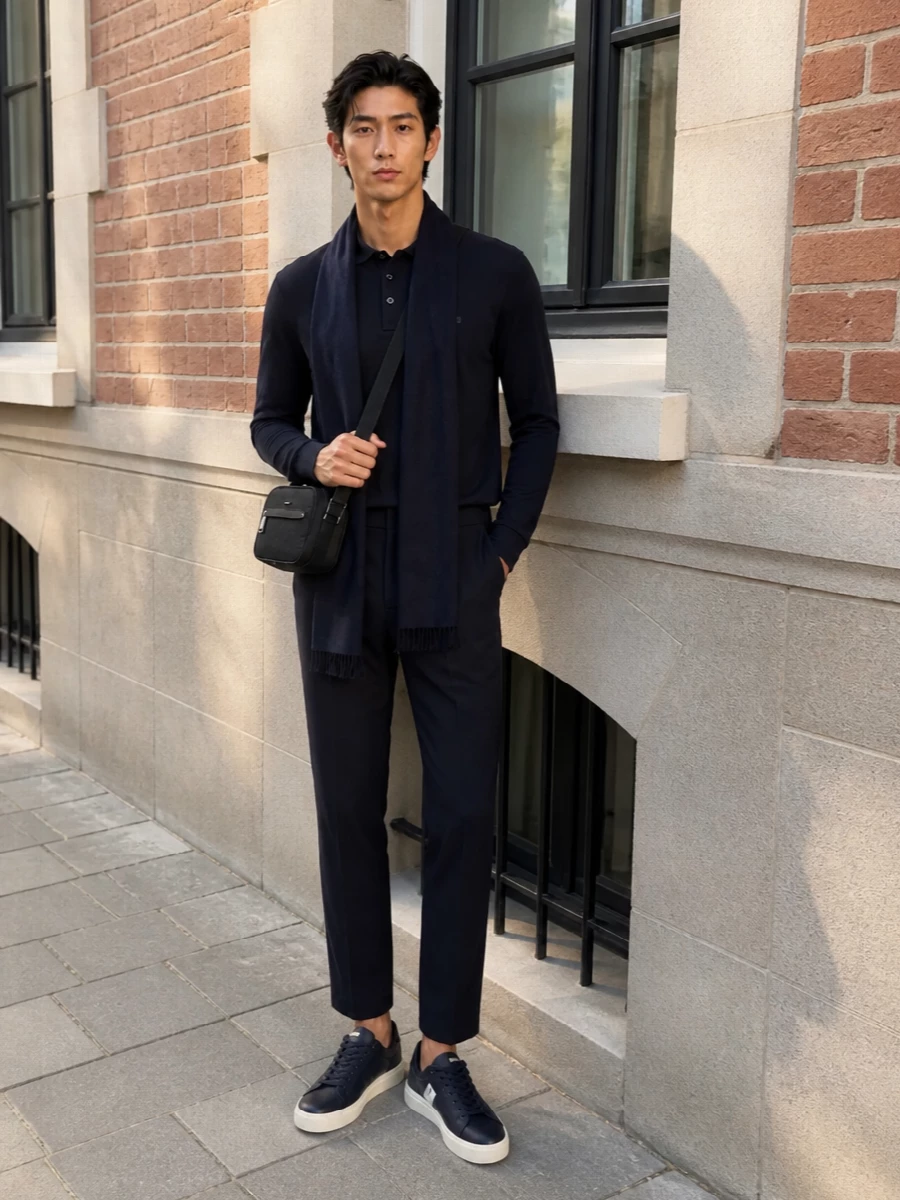 Boss navy polo with cropped trousers sneakers