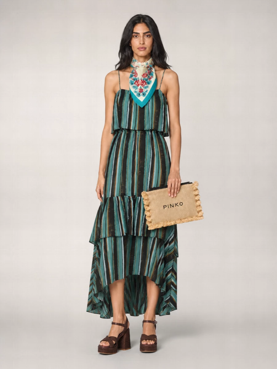 Pinko Cotton Off-Shoulder Ruffled Striped Maxi Dress