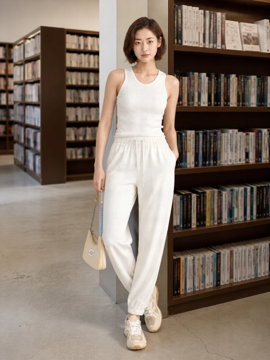 Clean sport meets quiet luxury in a palette of sand, ivory and soft white. The ribbed tank and refined jogger keep the line long and relaxed so the neutral runners stay the subtle statement. I chose separates over a dress to keep the vibe more athletic and modular, ideal for daytime city movement and travel.