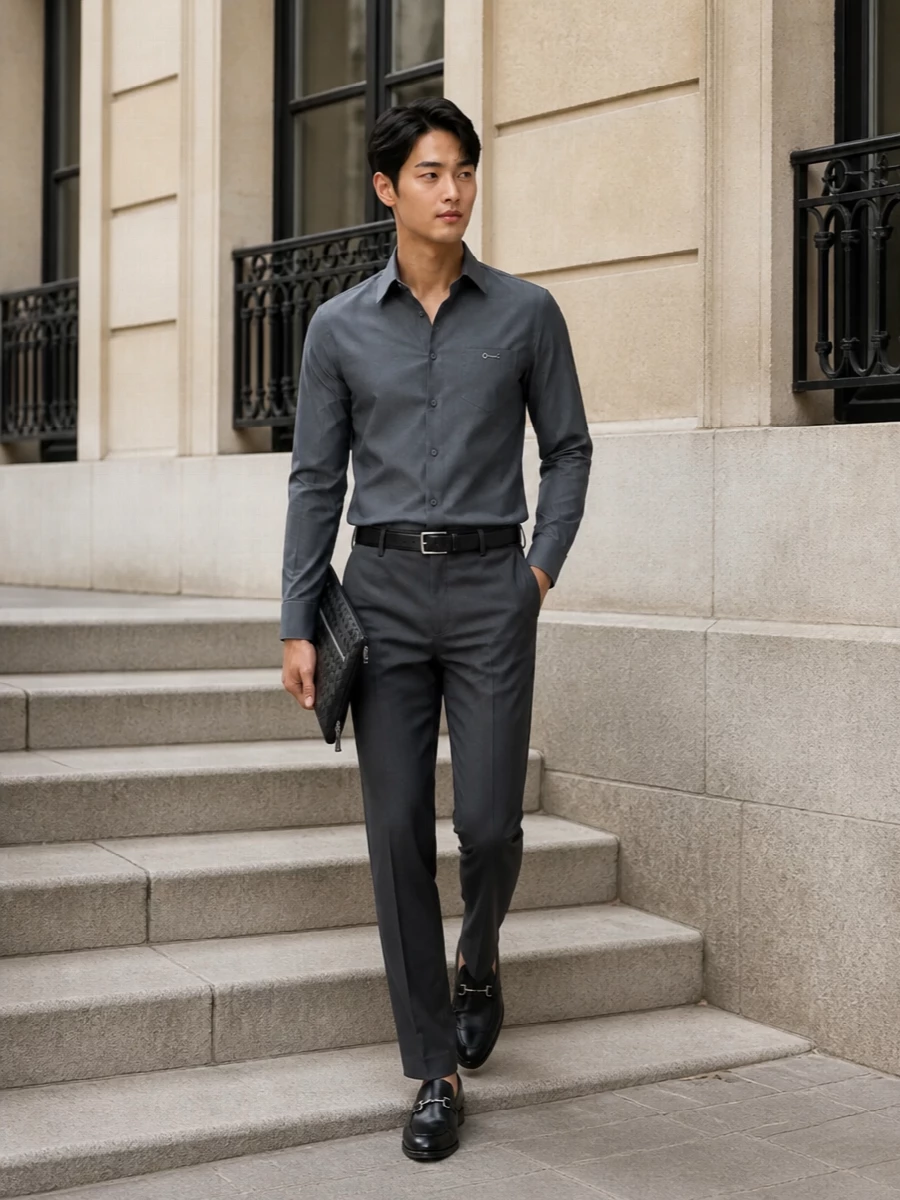 This look keeps the focus on razor-sharp tailoring: the slate-grey Gucci shirt meets slim charcoal trousers for a near-monochrome column that feels modern, understated and impeccably edited. Black horsebit loafers, a slim black leather belt and a sleek intrecciato pouch introduce subtle hardware and texture, maintaining the quiet-luxury mood from office to late dinner without breaking the restrained palette.