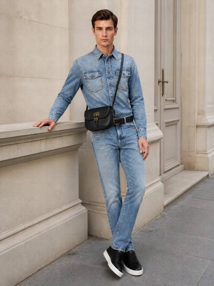 Versace double denim outfit black sneakers