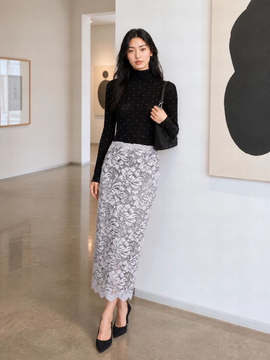Paco rabanne turtleneck lace midi skirt outfit