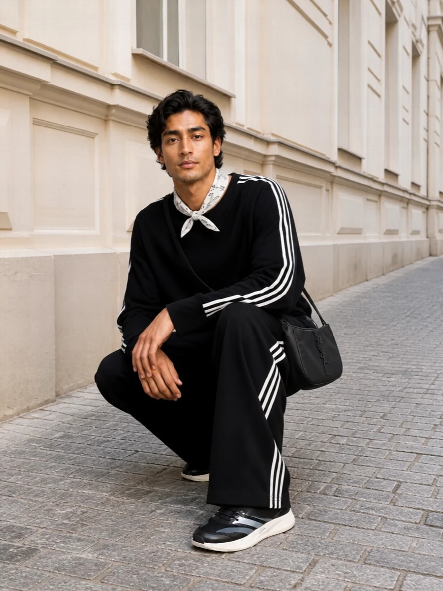 A monochrome Y-3 uniform built around fluid volume, this pairing lets the wide-leg track pant echo the tee's drape and stripe story for a clean, graphic street profile. Technical runners keep the line fast and light, while a sharp Saint Laurent shoulder bag and a cryptic scarf introduce just enough polish and personality to move from studio to city. The result is sport-driven but calm, all in black and off white for maximum versatility.