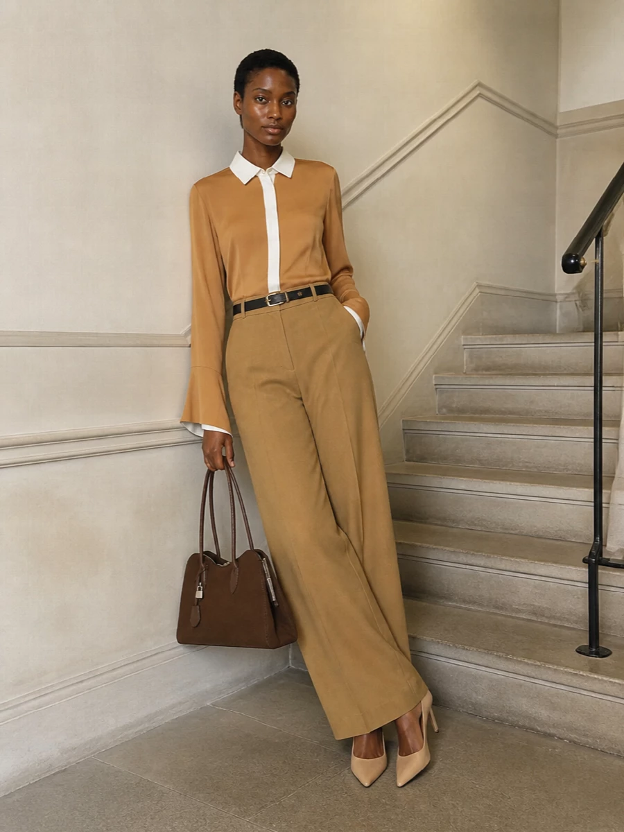 Quiet luxury camel wide leg pants outfit work