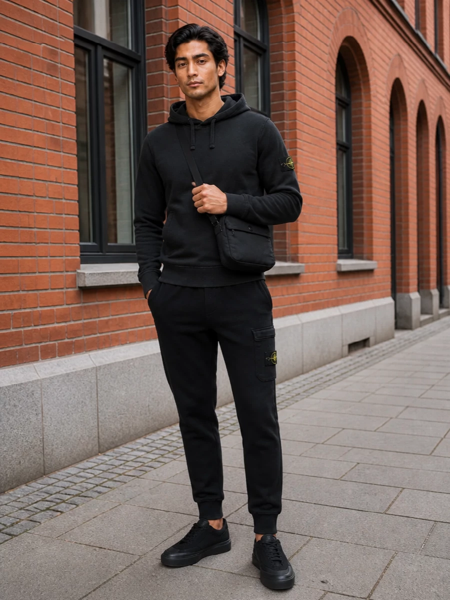 Stone island black sweatshirt joggers outfit