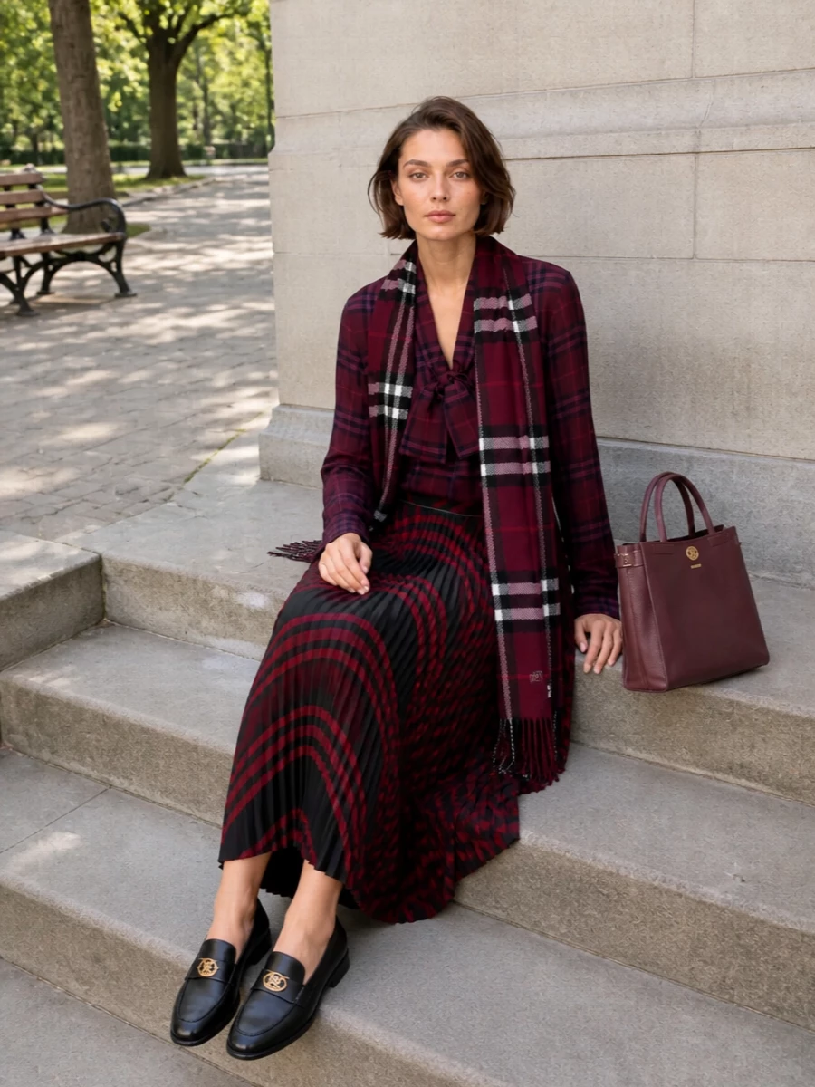 Burberry burgundy bow blouse pleated midi skirt