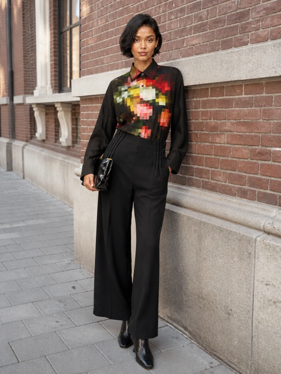 Dries van noten pixel shirt black wide leg trousers