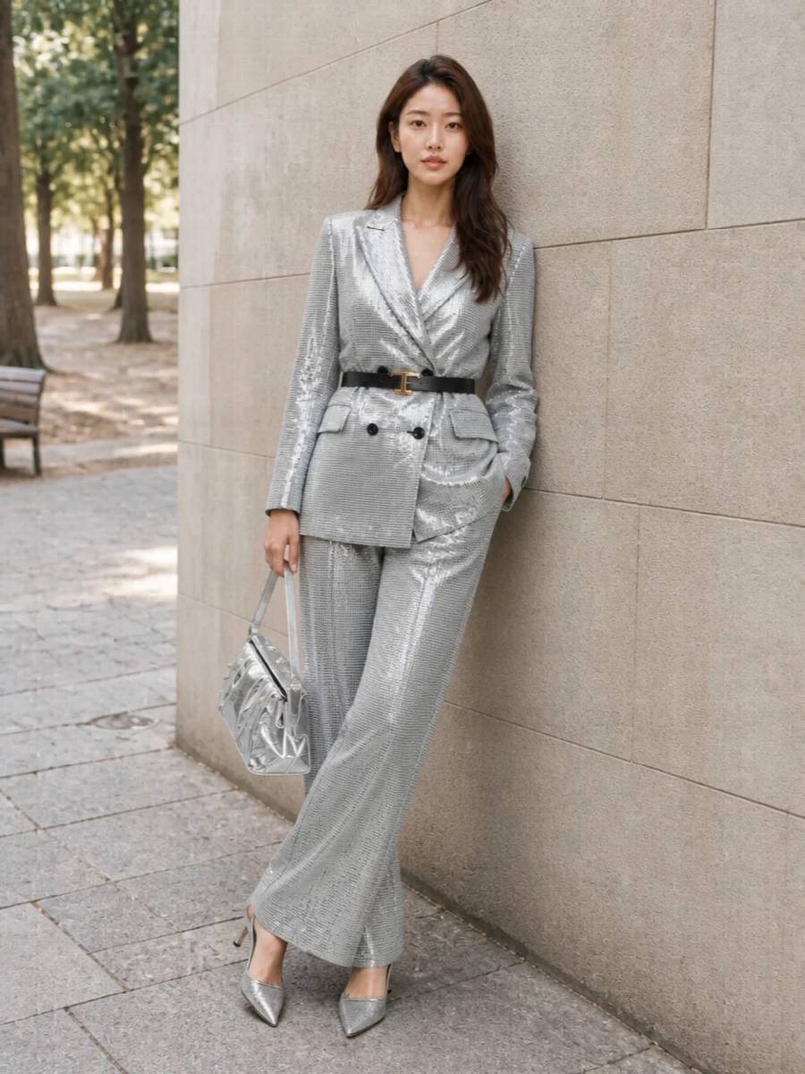 Ermanno firenze sequin suit silver jimmy choo heels