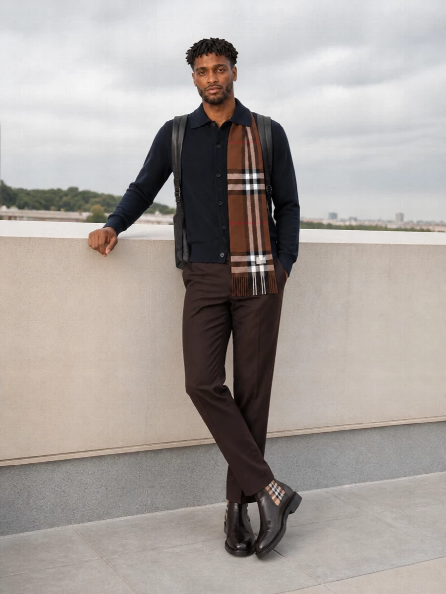 Burberry navy cardigan brown tailored trousers outfit